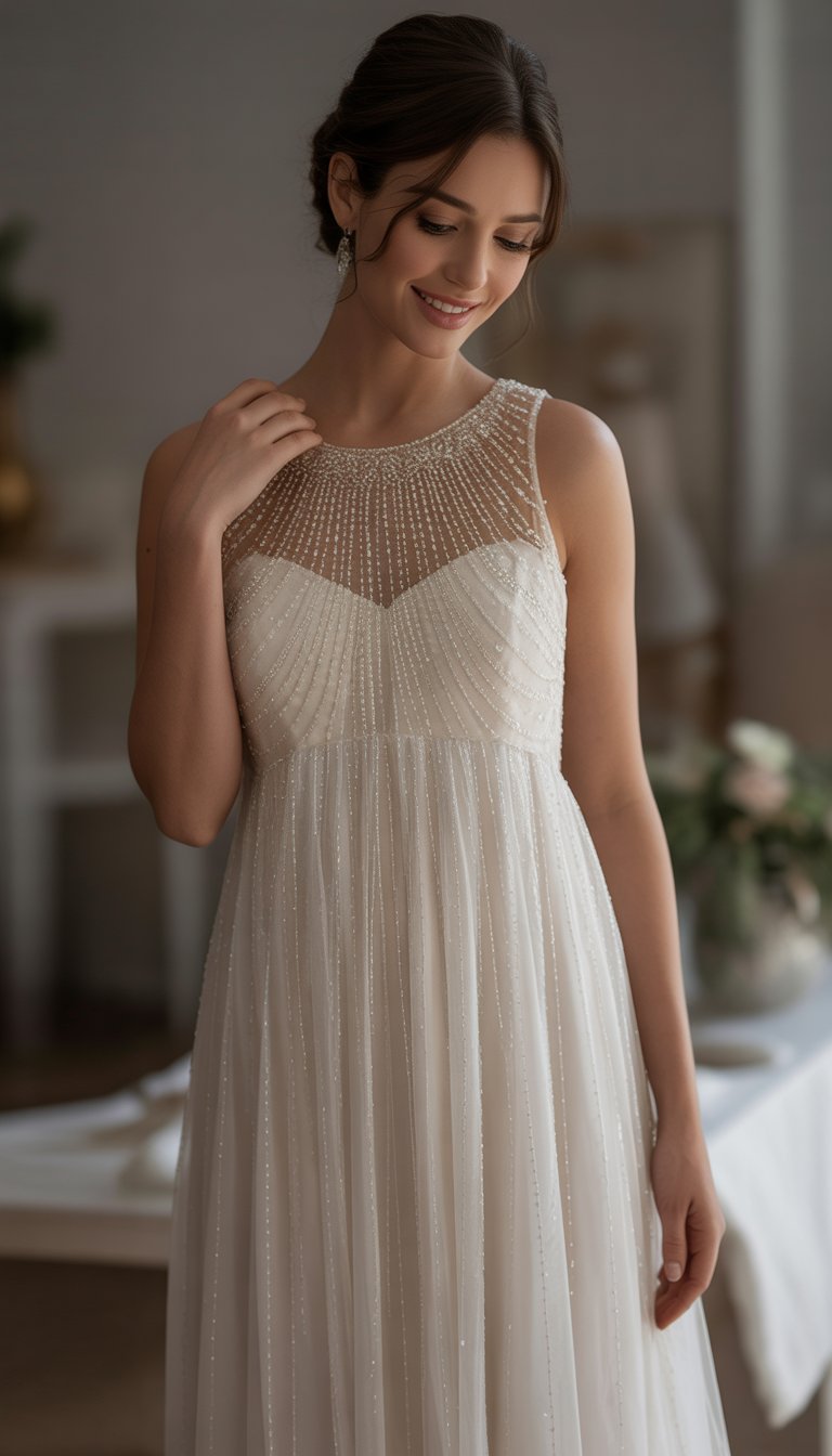 A bride wearing a flowing wedding gown with a sheer neckline and decorative beadwork, standing gracefully in soft natural light.